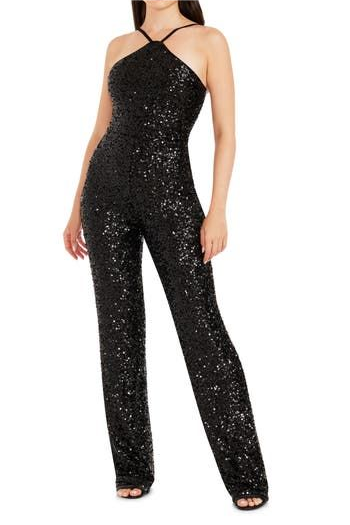 Lvs&Broner Shining Black Spaghetti Strap Sleeveless High Waist Long Jumpsuit with Beadings