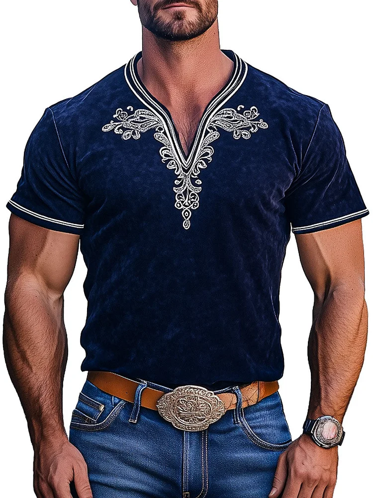 Men's Embroidered Suede Western Style Short Sleeve T-Shirt