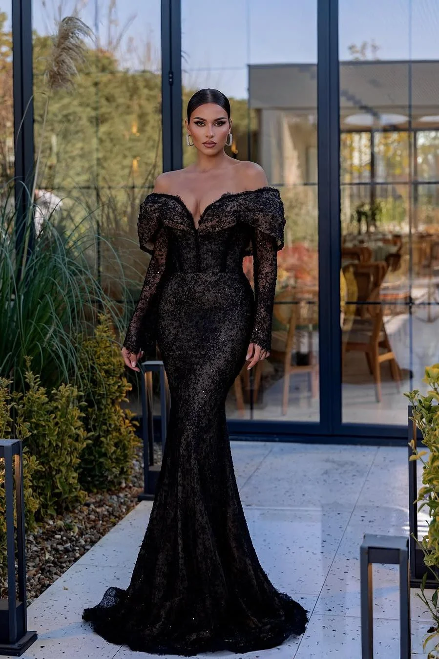 Miabel Amazing Black Lace Off the Shoulder Long Sleeves Deep V Neck Mermaid Prom Dress with Pleated 