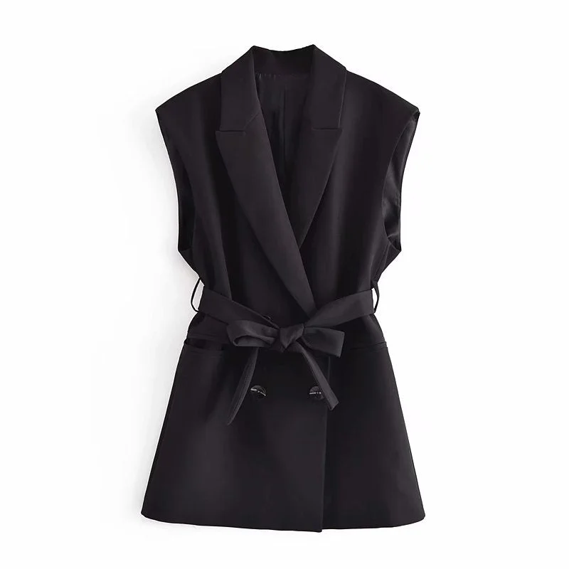 2021 Elegant Women Sleeveless Blazer with Belt Fashion Office Lady Coat Chic Woman Jacket Vest Suit veste femme