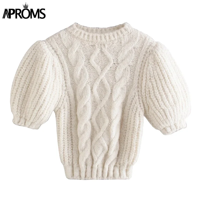 Aproms Elegant Lantern Sleeve Knitting Women's Pullovers Spring 2022 Casual O-neck Cropped Sweaters Ladies Short Skinny Jumpers
