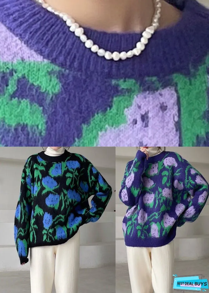 Vintage Purple Floral Knit Sweaters Winter