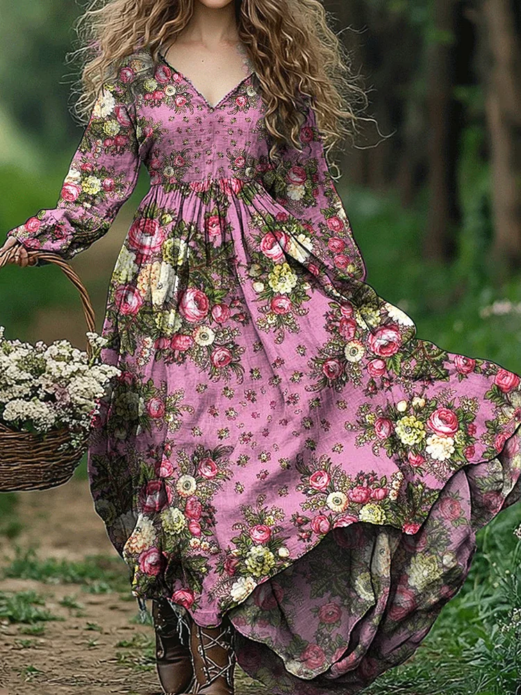 Vintage Floral Art Print V Neck Elegant Chic Loose Long Sleeve Midi Dress