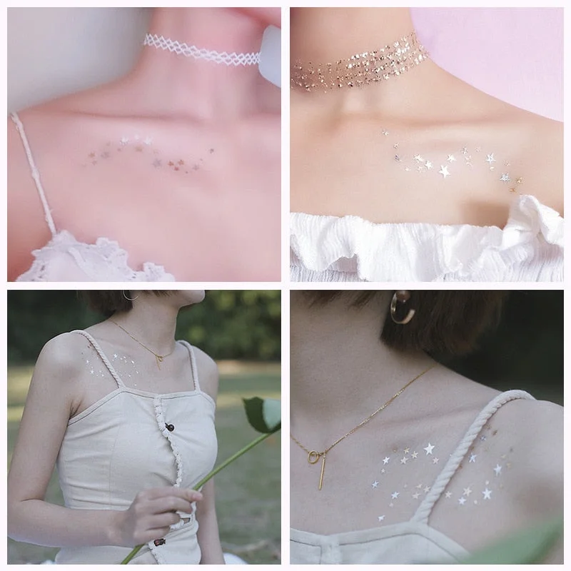 Clavicle Star Silver Gold Star Temporary Tattoo Stickers Women Sexy Body Art Fake Tatto Small Tattoo Metallic Tatoo Girls