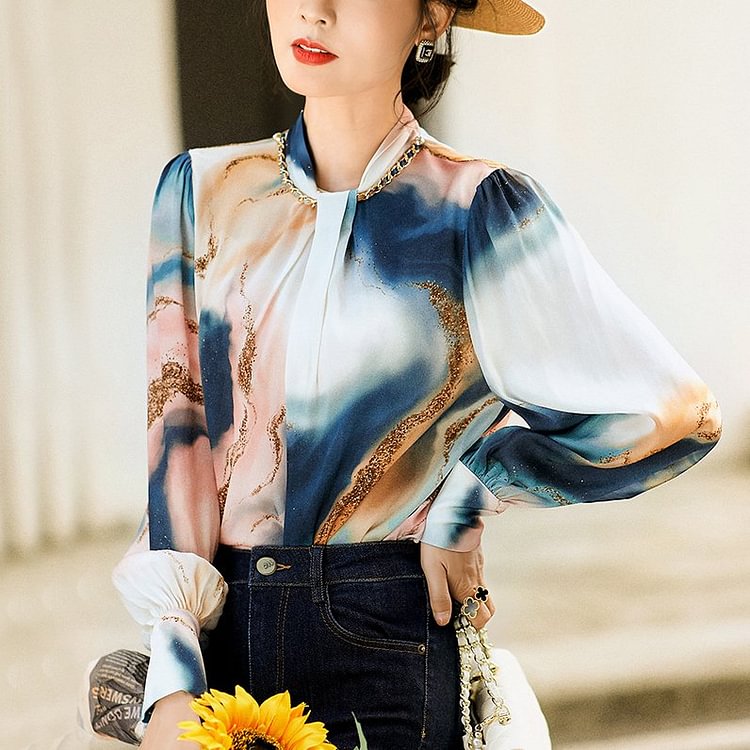 Flower Long Sleeve Ombre/tie-Dye Shift Printed Shirts & Tops