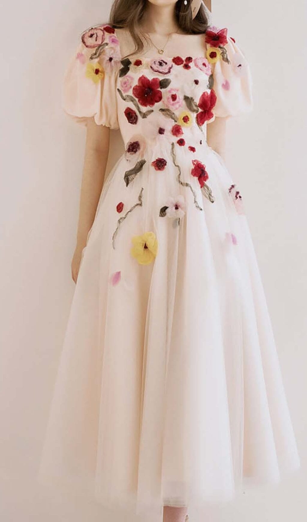 Flowers Print Puff Sleeve Midi Dress In Pink Miss Lee Label