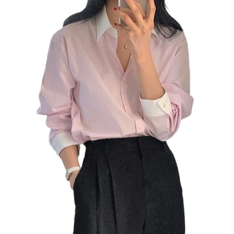 Athvotar Athvotar Chic Spring And Autumn Small Temperament Clip Clip Relaxed Long Sleeve Striped Shirt Woman
