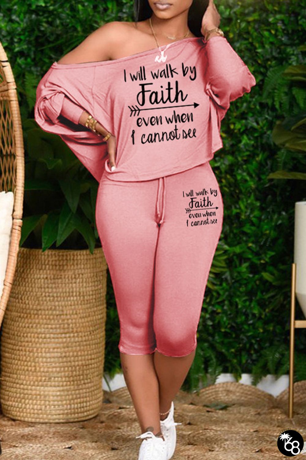 Pink Plus Size Casual Letter Patchwork Draw String Printing One Shoulder Plus Size Two Pieces | 168DEAL