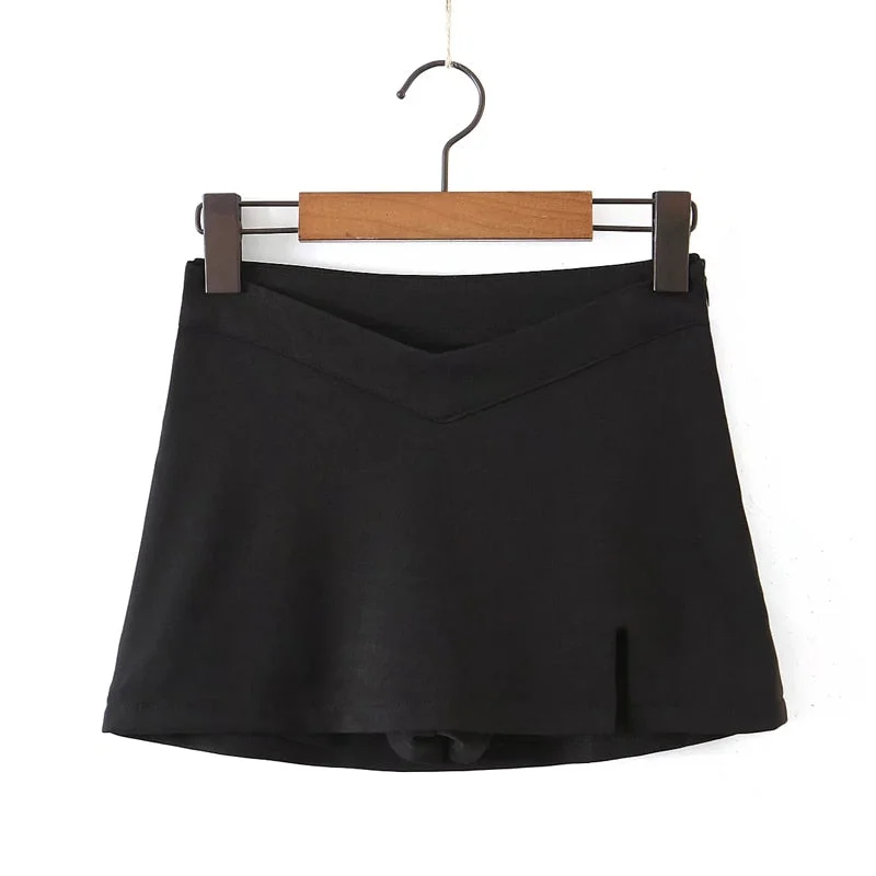 Women Exclusive Tailored V-front Mini Skirt With Safety Pants Sexy Low Rise Split Front Mini Skirt