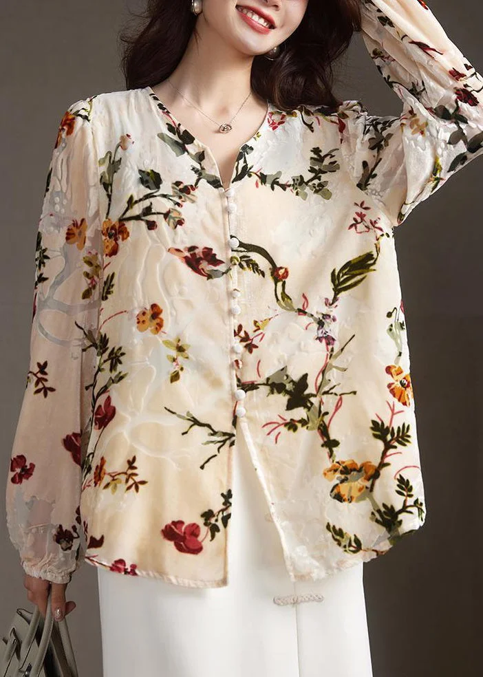 Women Apricot V Neck Button Print Silk Velour Shirt Spring