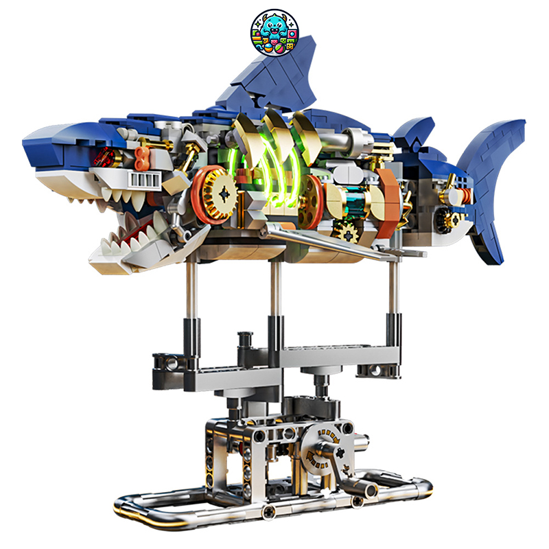 GD Monstertoys Mechanical Shark Building Set, Shark Sea Life Building Blocks Set with Display Stand and Lights, Block Gift for Kids and Adults