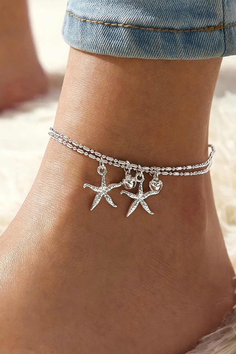 Silver Starfish Bell Dual-Layered Anklet | IFYHOME