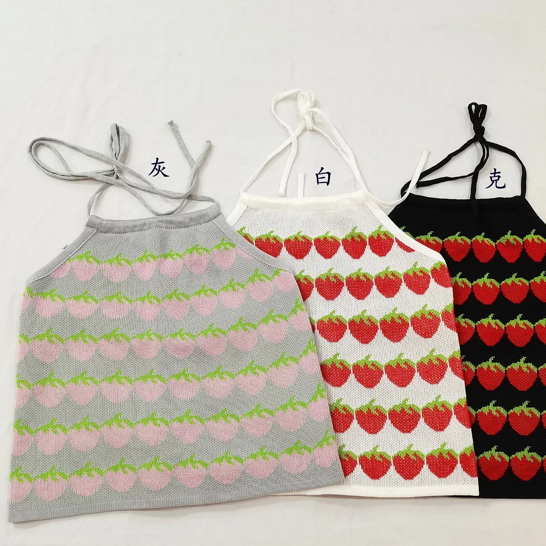 Uveng Uveng Version Of The Slings Women's Summer New Strawberry Hanging Neck Vest Out Shoulder Repair Short Sleeveless Top Tide