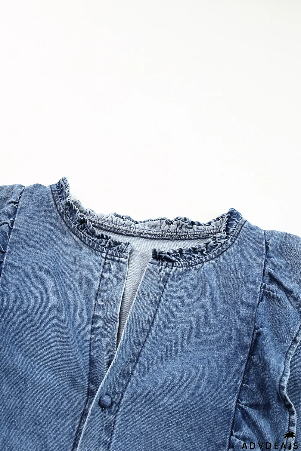 Sky Blue Ruffle Trim Half Sleeve Denim Shirt