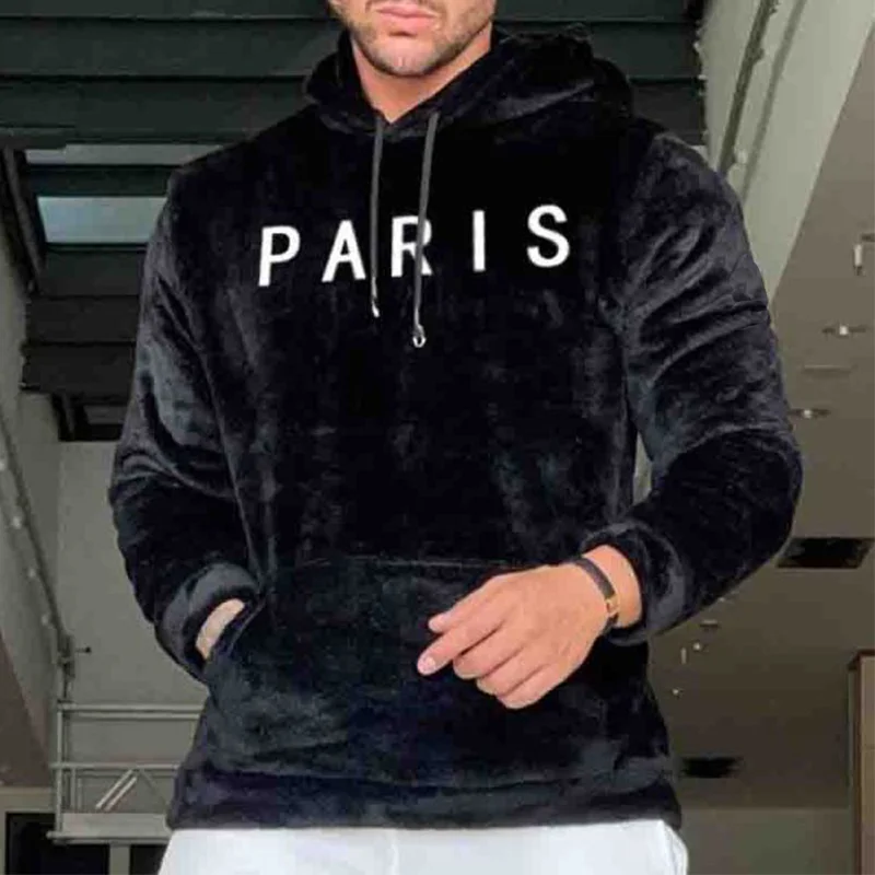 Men's Plush Warm Graphic Embroidery Drawstring Hooded Sweatshirt