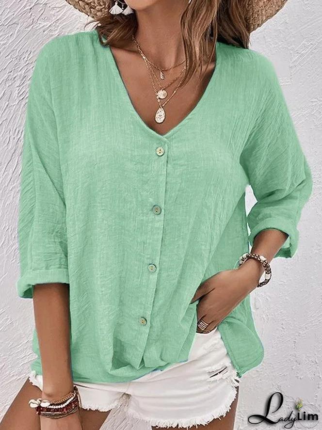 Blue linen V-neck shirt