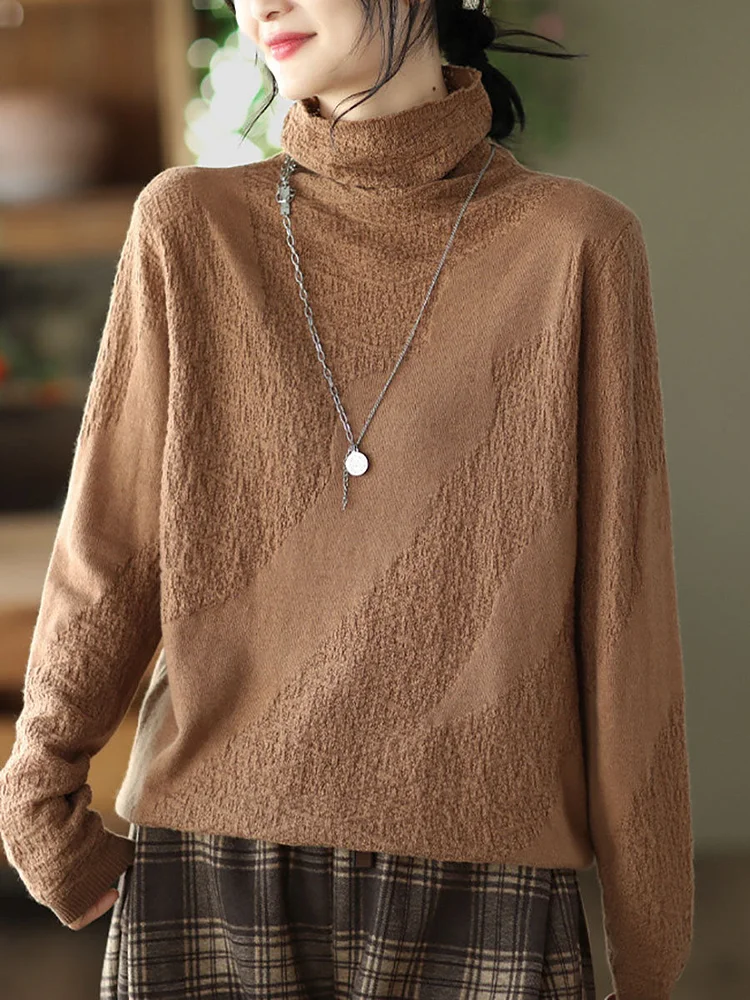 Women Vintage Jacquard Turtleneck Loose Sweater