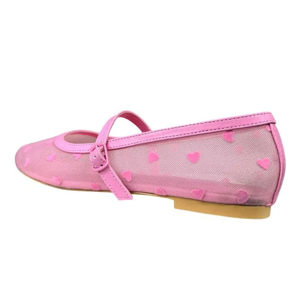 Pink Round Toe Velvet Flocked Hearts Comfy Mesh Flats with Buckle