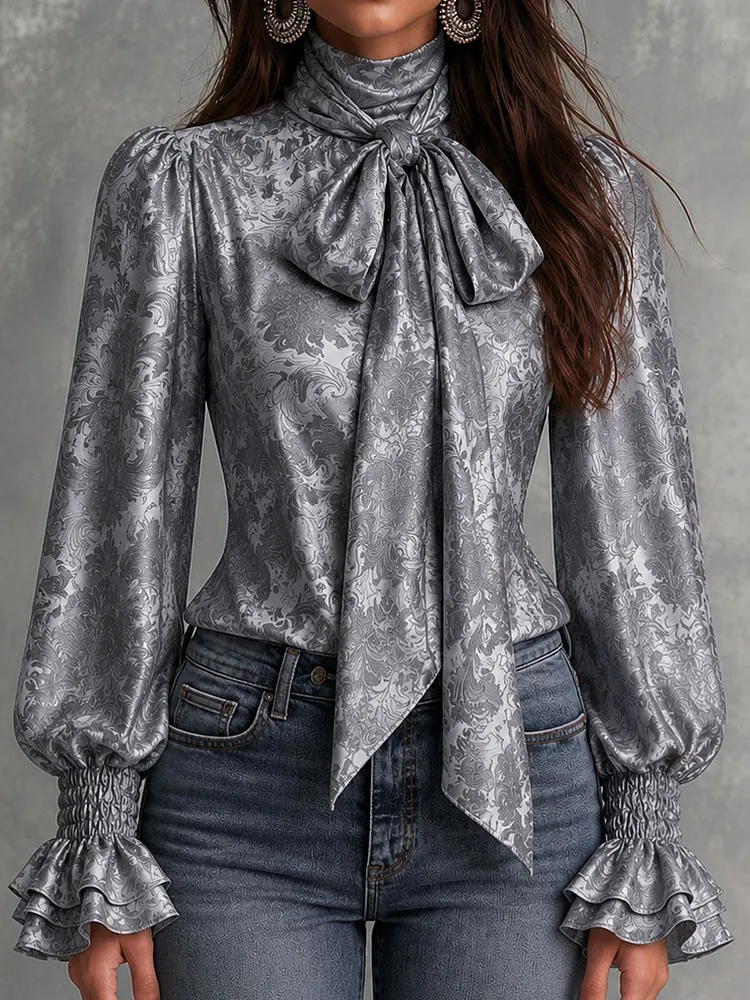 Retro Grey Damask Print Satin Bow Neck Shirred Cuff Ruffle Blouse