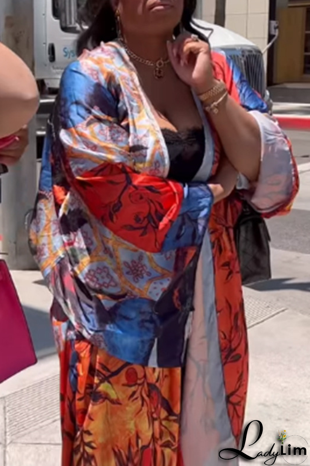 Black Fashion Print Patchwork Cardigan Collar Outerwear(Without belt)