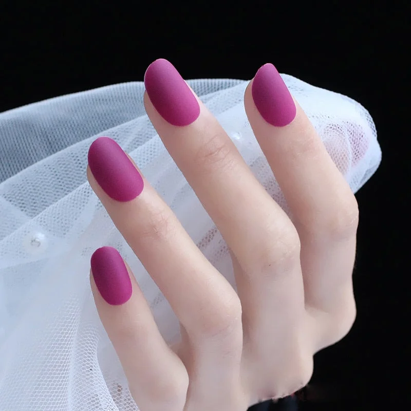 24pcs/set Black Round matte false nails Short Full Cover Frosted Ballerina Nail Tips Red small round oval fake nails art set-Nail Inspo