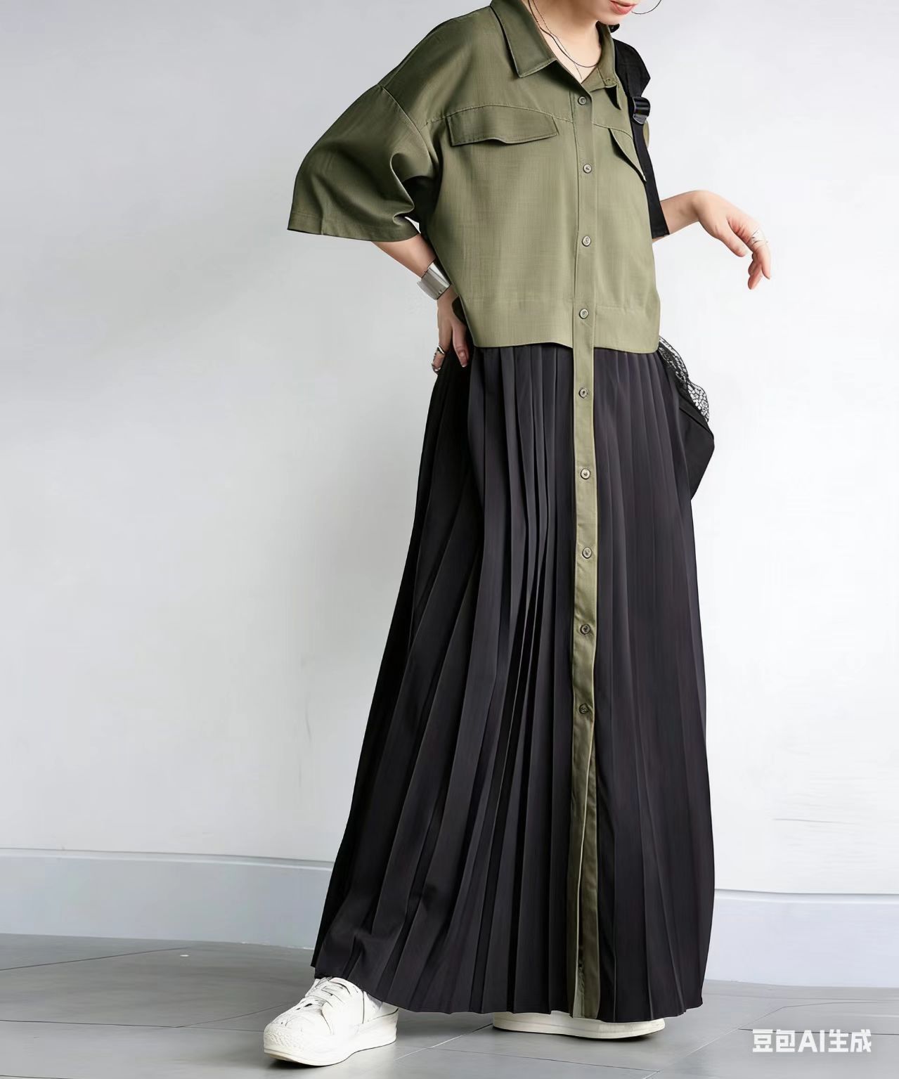 Versatile color blocked mid sleeved dress