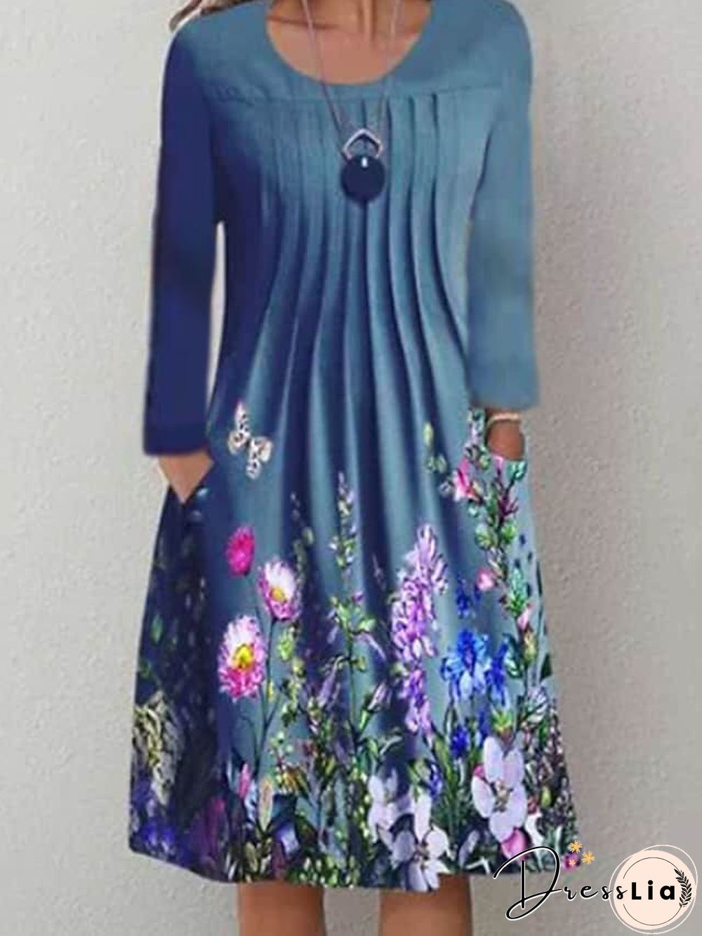 Spring/Summer Floral Print Round Neck Pullover Midi Dress Women's Long Sleeve Vintage Dress