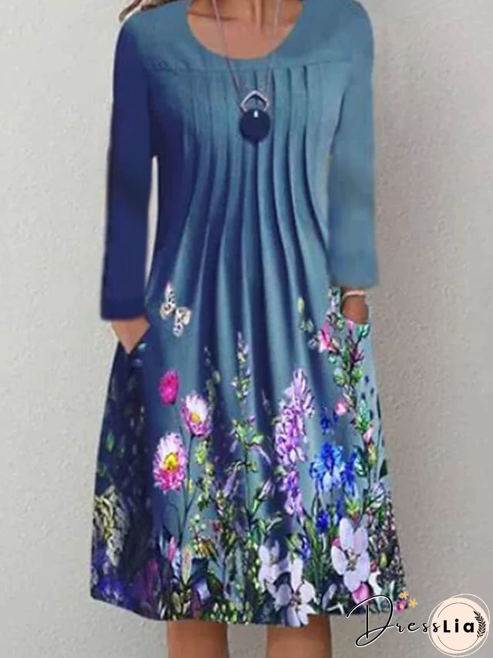 Spring/Summer Floral Print Round Neck Pullover Midi Dress Women's Long Sleeve Vintage Dress