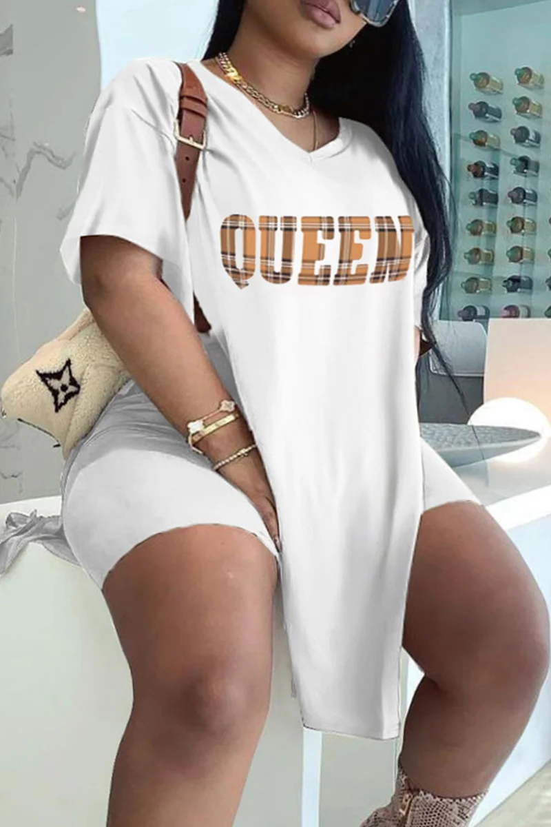 Khaki Fashion Casual Letter Print Slit V Neck Plus Size Two Pieces | EGEMISS