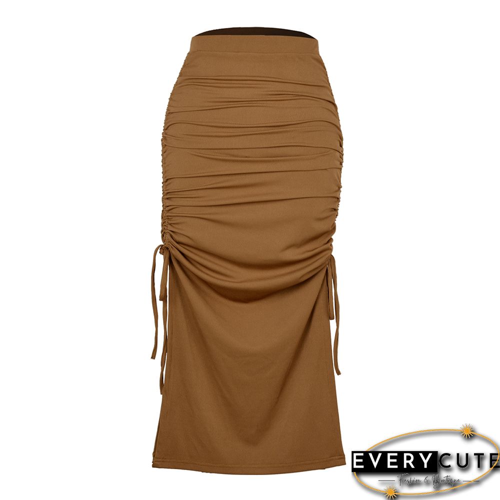 Khaki Slit Pleated Bodycon Maxi Skirt