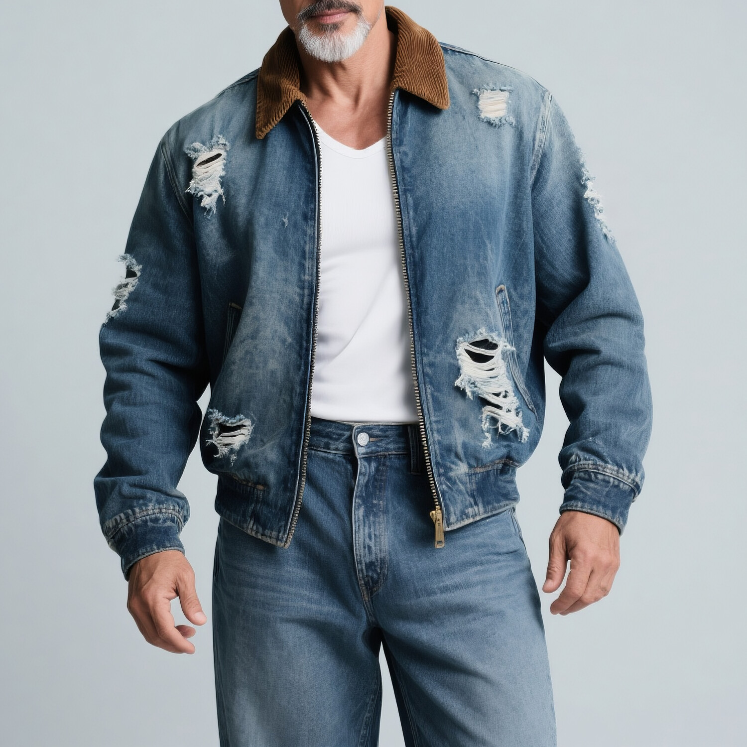 Men's Contrast Shirt Collar Long Sleeve Pocket Zipper Ripped Denim Jacket