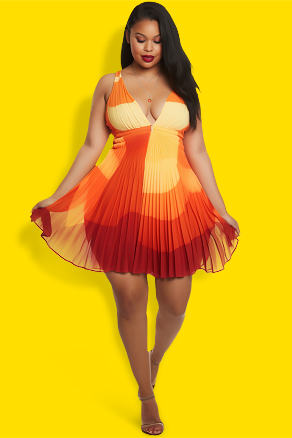 Design Plus Size Beach Orange Gradient V Neck Pleated Swimsuit Fabric Swimwear Dress With Panty [Pre-Order]