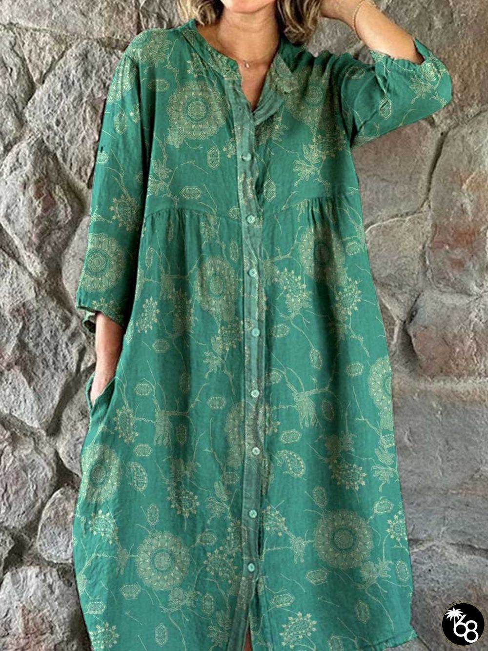 Women's Elegant Simple Shirt Style Cotton and Linen Dress with Decorative Floral Print | 168DEAL