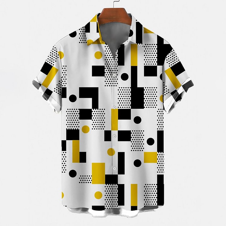 BrosWear White And Yellow Geometric Short Sleeve Shirt