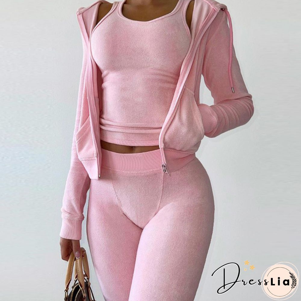 Casual Ladies Sport Suit Fashion Sleeveless O-Neck Tank Top + Long Sleeve Zip Hooded Coat + Pencil Pants Set Slim 3 Piece Sets