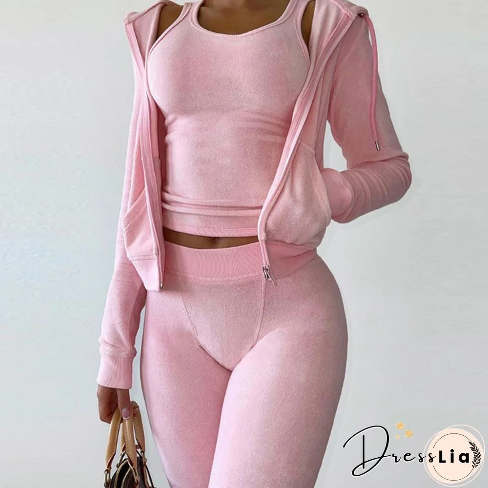 Casual Ladies Sport Suit Fashion Sleeveless O-Neck Tank Top + Long Sleeve Zip Hooded Coat + Pencil Pants Set Slim 3 Piece Sets