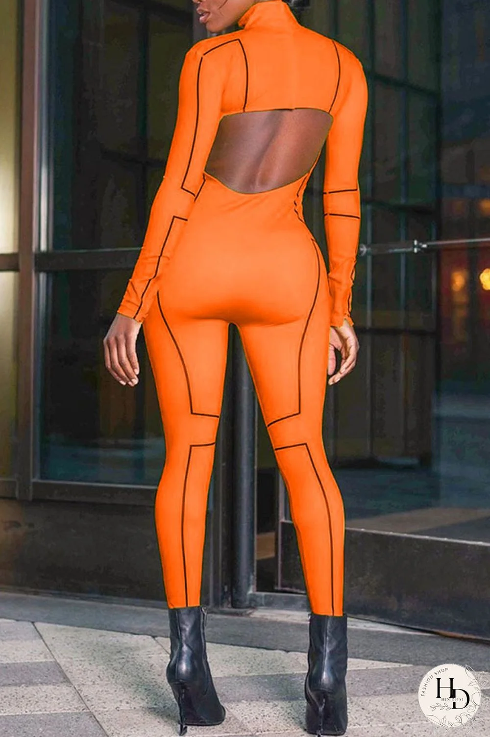 rose red Fashion Print Backless Milk. Long Sleeve O Neck Jumpsuits