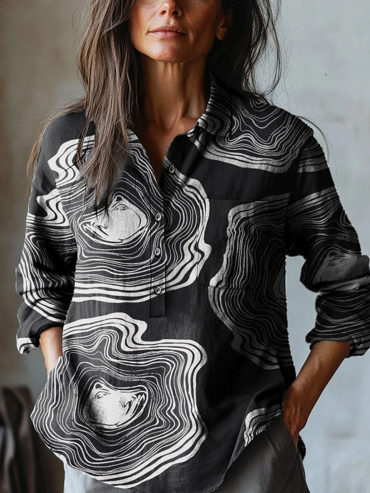 Women's Vintage Ripple Art Print Casual Cotton And Linen Shirt