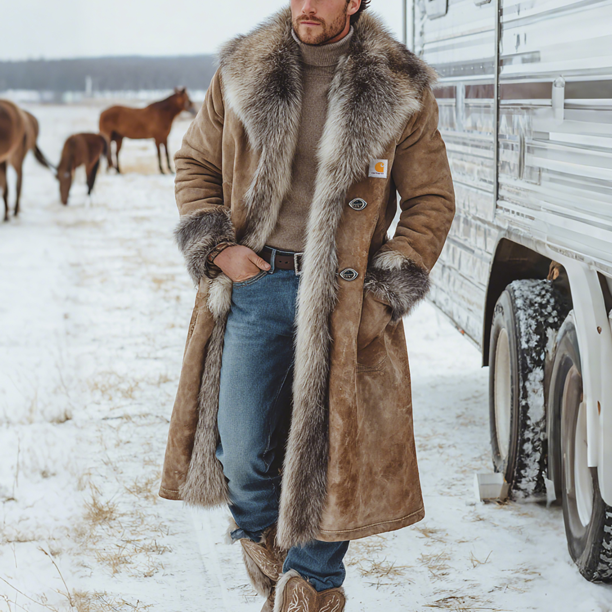 Men's Retro Fur Collar Lapel Long Coat Lambswool Lined Thick Long Coat