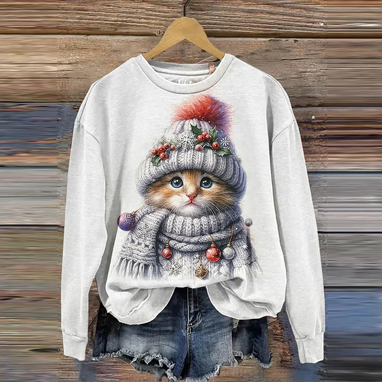Comstylish Cute Funny Little Christmas Cat Art Design Print Casual Sweatshirt