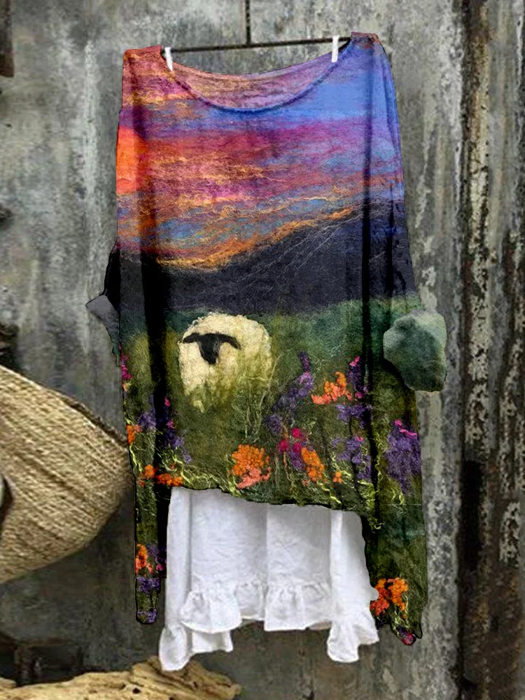Sheep Grazing Landscape Felted Art Linen Blend Tunic