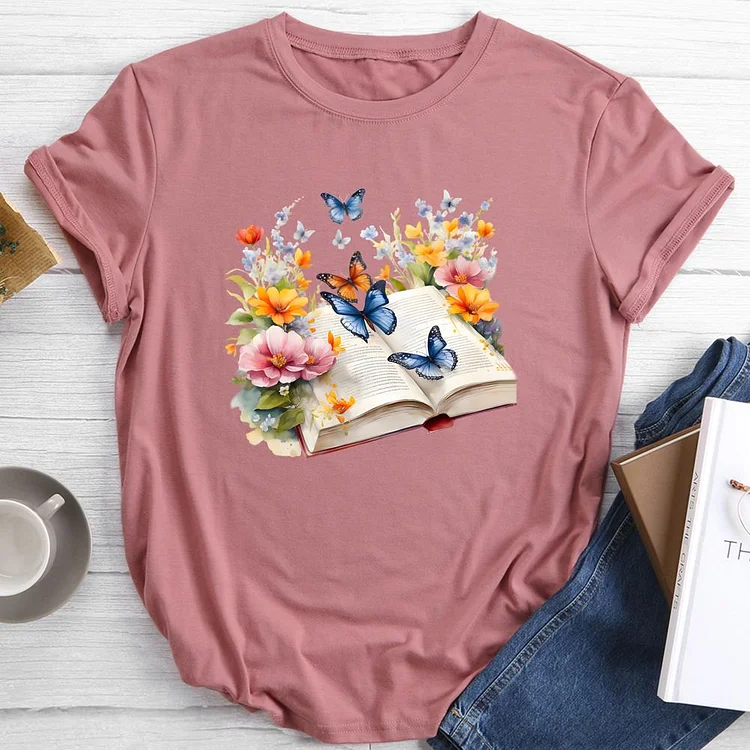 Butterfly Flower Book Round Neck T-shirt-0019664