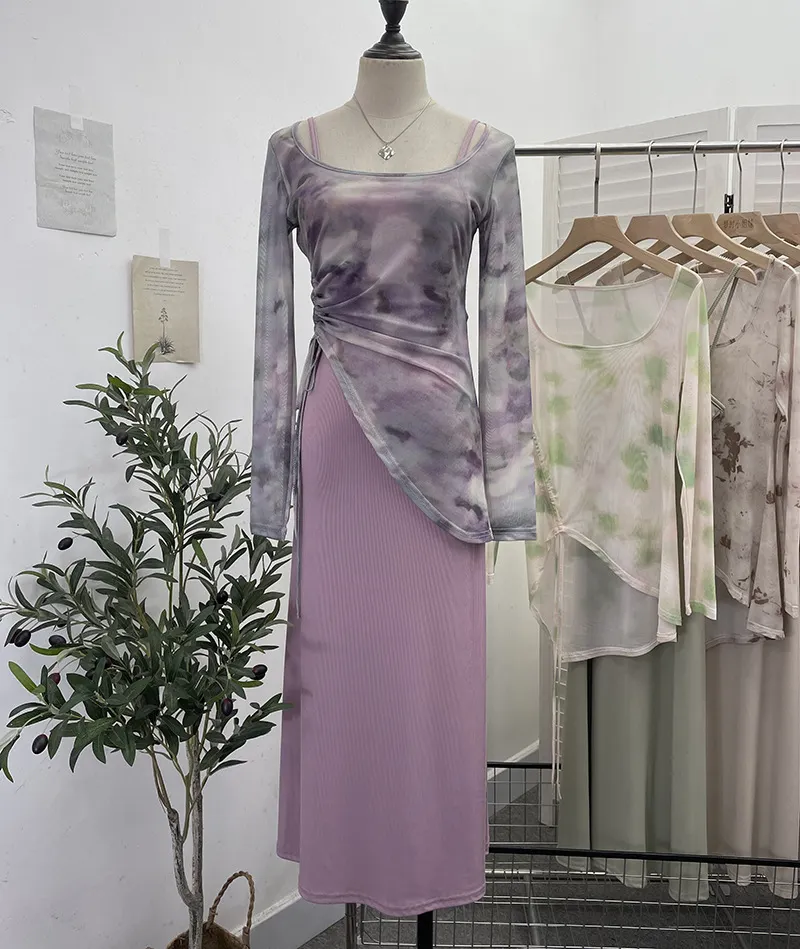 Churchf Dizzling U-Neck Rope Long-Sleeved Mesh Yarn Coat + Sling On The Back Of The Long Dress Two Sets 8859