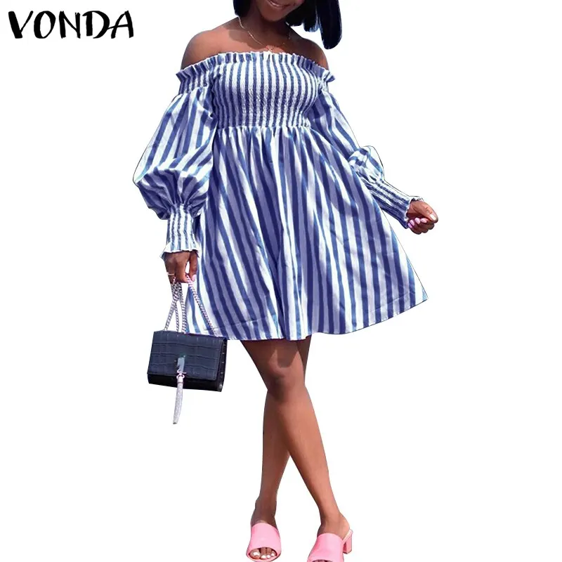 Party Dress VONDA Vintage Striped Dresses Sexy Off Shoulder Puff Sleeve Sundress Women Bohemian Vestidos Oversized Robe Femme