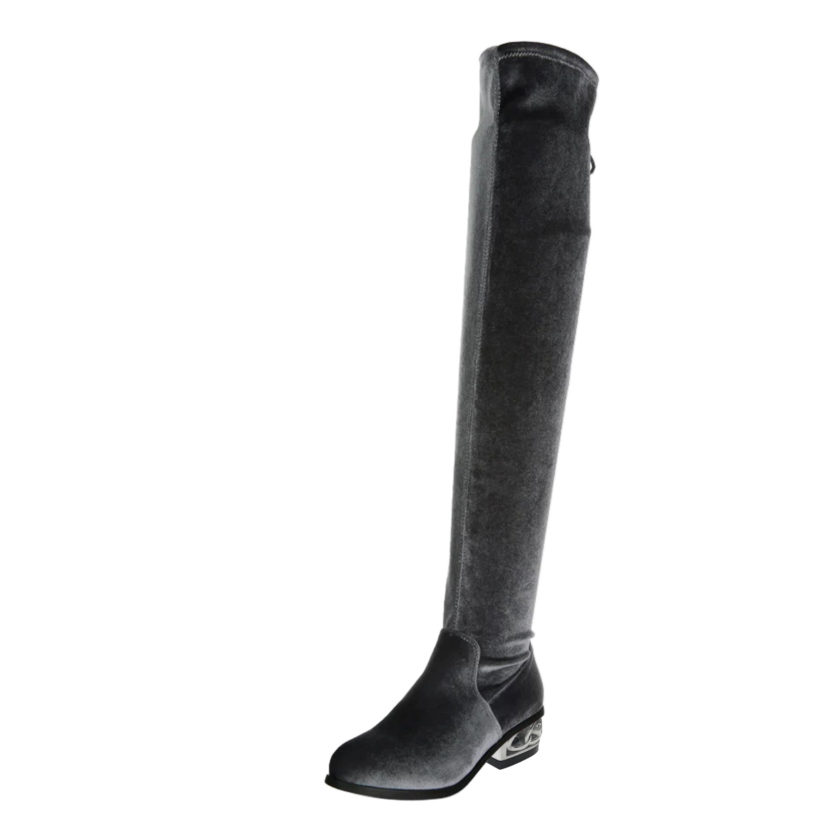 Deep Grey Round Toe Decorative Heel Fringe Tie Long Boots with Zipper Nicepairs