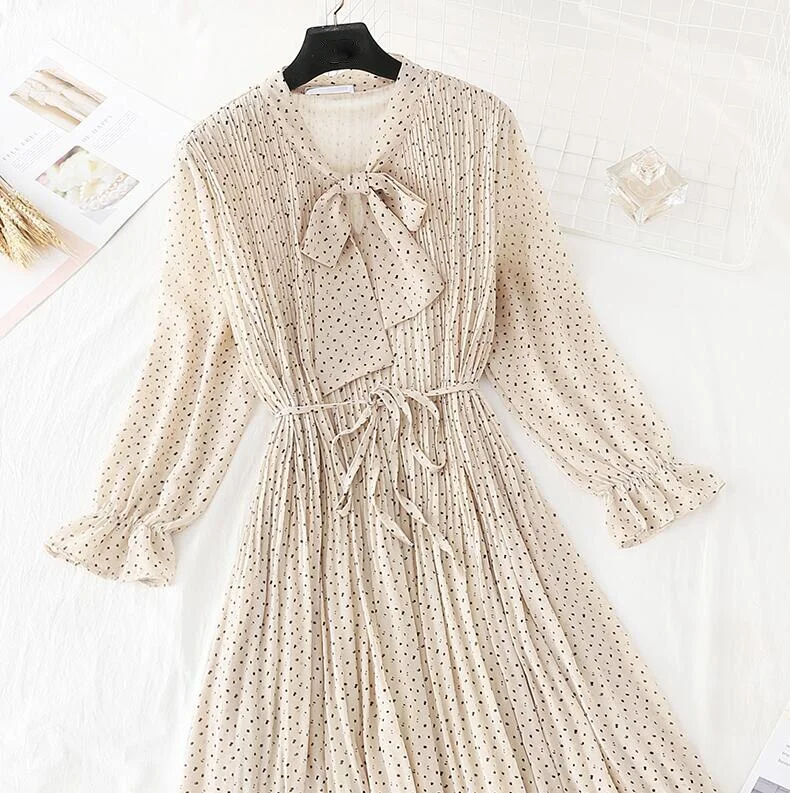 2020 Elegant Women Dress Vintage Bow Polka Dot Print Loose Midi Dress Female Casual Ruffles Pleated Chiffon Dresses Vestidos
