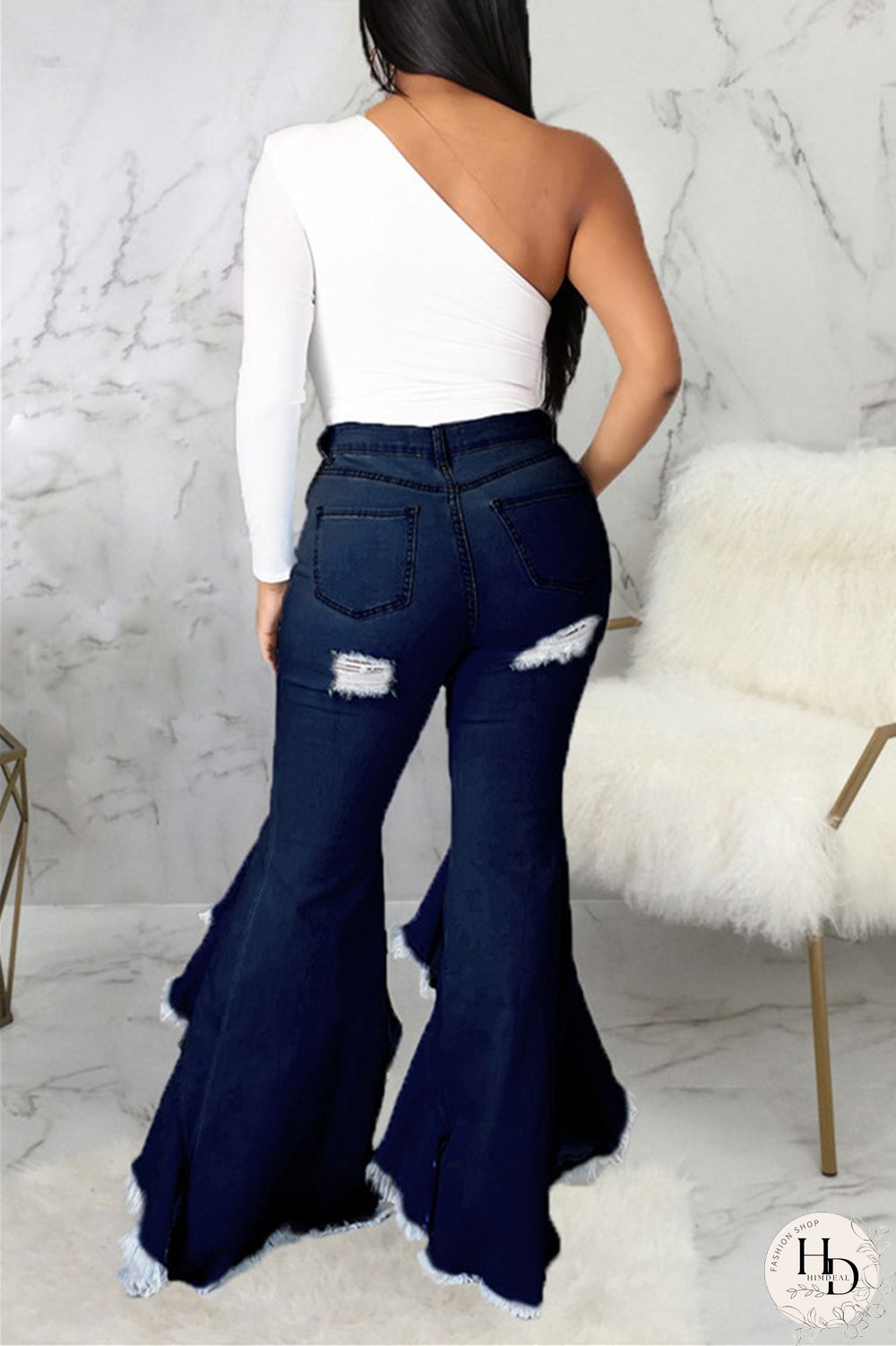 Baby Blue Fashion Casual Solid Ripped Asymmetrical High Waist Regular Jeans