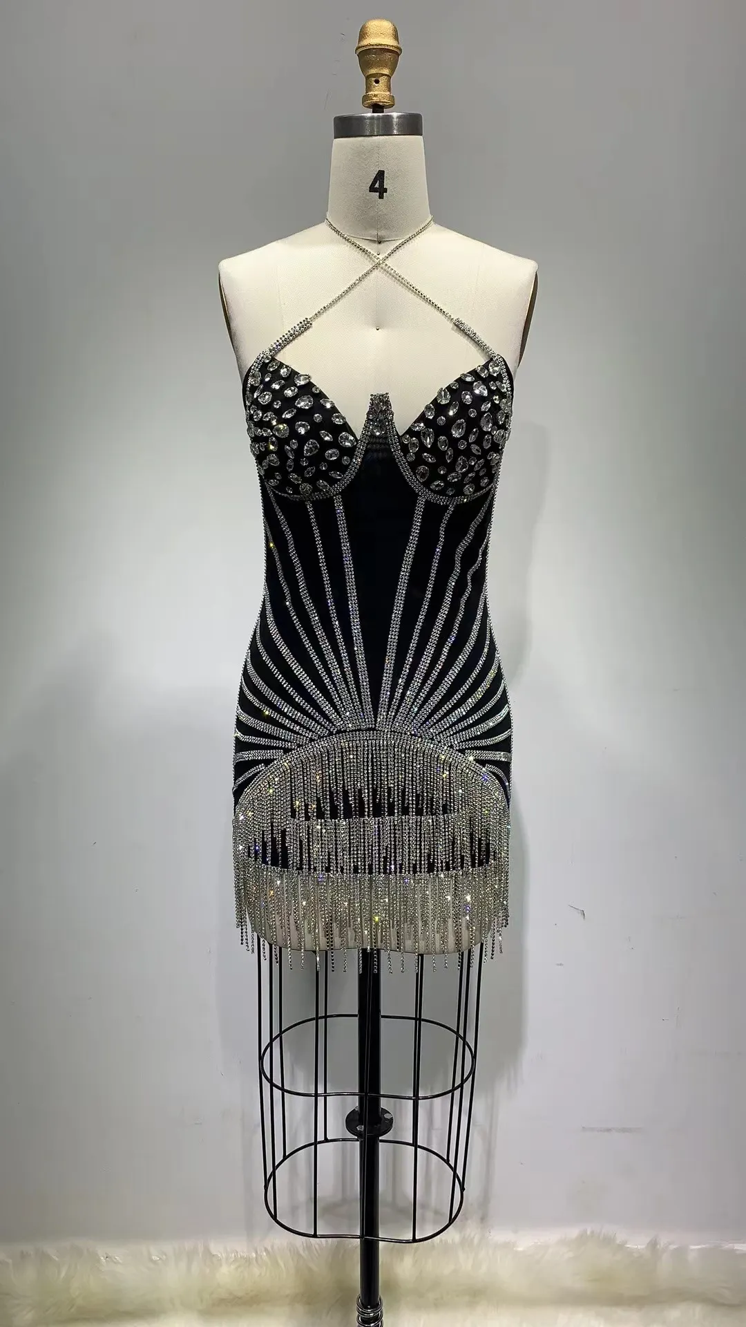 Brownm Hot Selling Sexy Hanging Neck Bra Bag Skirt Water Drill Twispy Dress Stage Performance Suit Thin