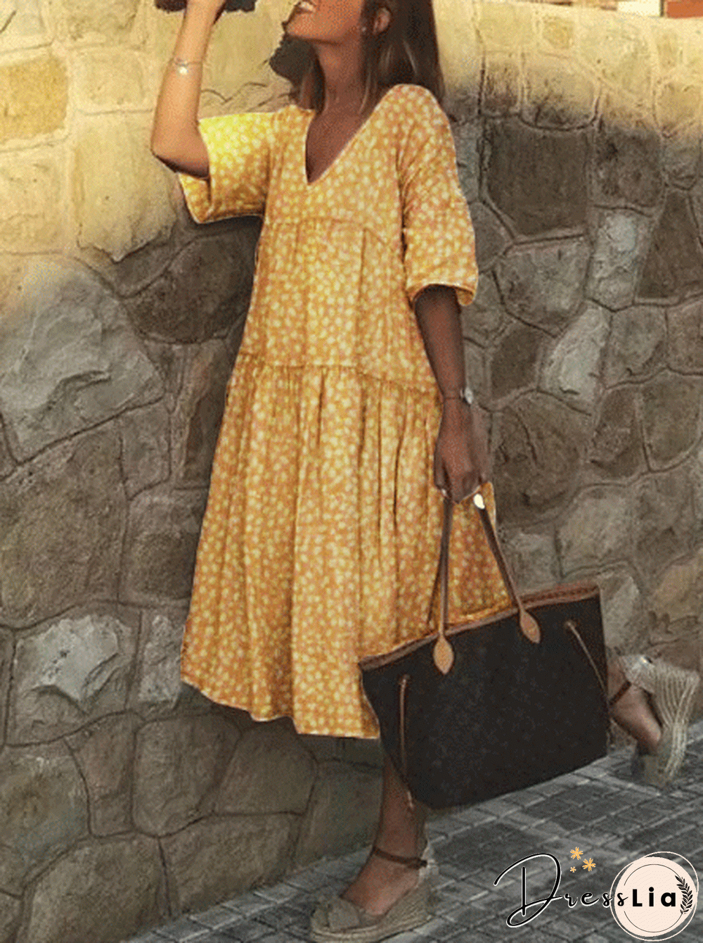 Half Sleeve Cotton-Blend Polka Dots V Neck Weaving Dress