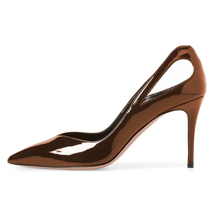 Brown Mirror Leather Stiletto Heels Cut Out Pointed Toe Pumps Shoes |FSJ Shoes